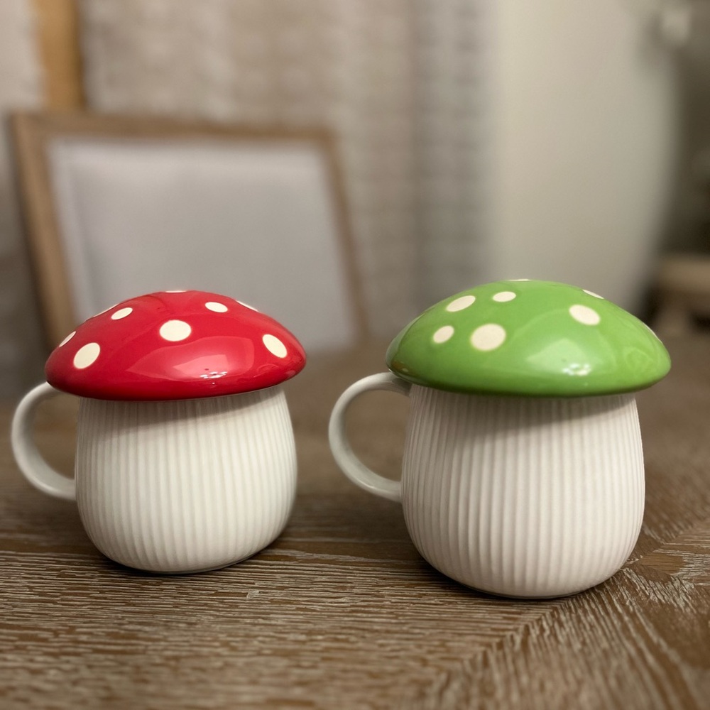 SOLD🍄Set: 2 World Market Coffee/Tea Mugs & Red/Green Polka Dot MUSHROOM Design